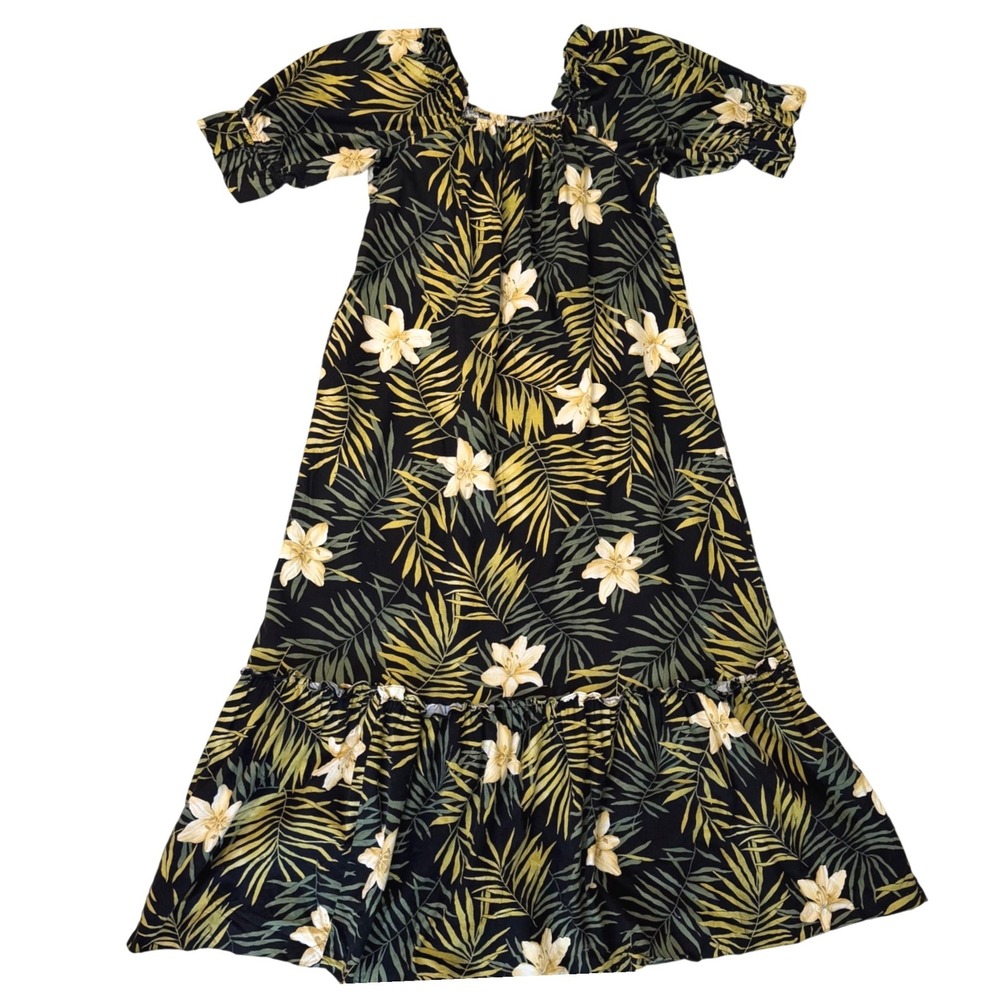 Vintage Hilo Hattie Black Tropical Palm Leaf Maxi Dress EUC L Hawaii Resortcore